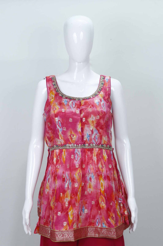 Vibrant Pink Printed Peplum Palazzo Sharara Set - Mangaldeep NX