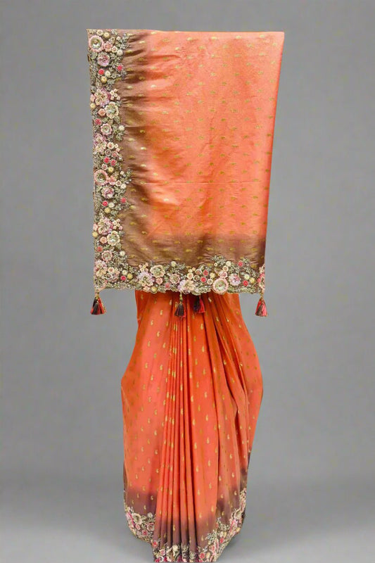 Wedding Style Orange Silk Saree With Floral Embroidered Border - Mangaldeep NX