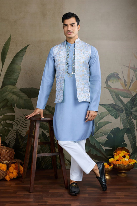 Wedding Wear Blue Silk Kurta with Jacquard Koti - Mangaldeep NX