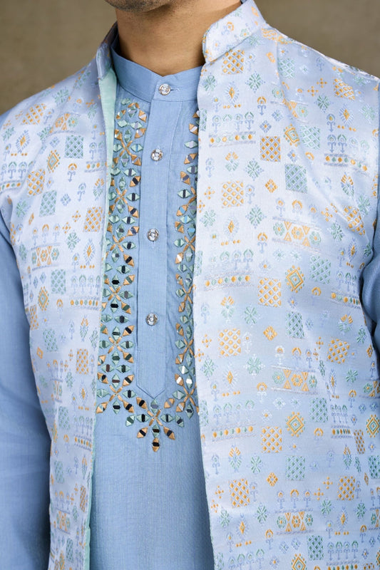 Wedding Wear Blue Silk Kurta with Jacquard Koti - Mangaldeep NX