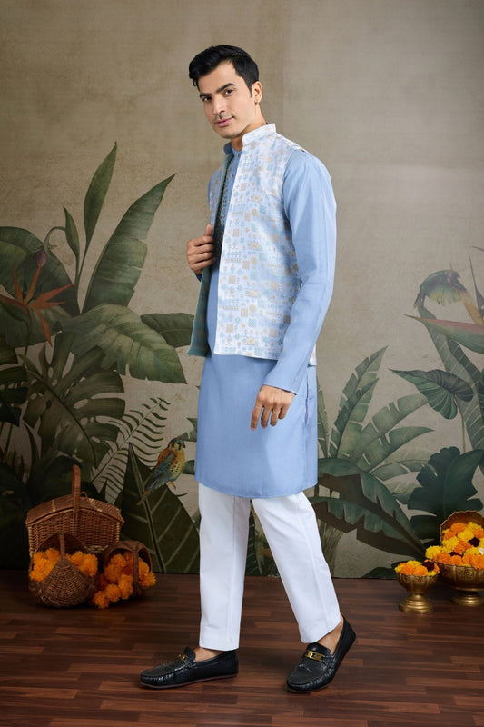 Wedding Wear Blue Silk Kurta with Jacquard Koti - Mangaldeep NX