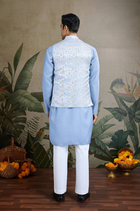 Wedding Wear Blue Silk Kurta with Jacquard Koti - Mangaldeep NX