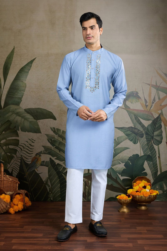 Wedding Wear Blue Silk Kurta with Jacquard Koti - Mangaldeep NX