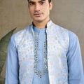 Wedding Wear Blue Silk Kurta with Jacquard Koti - Mangaldeep NX