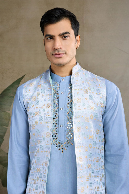 Wedding Wear Blue Silk Kurta with Jacquard Koti - Mangaldeep NX