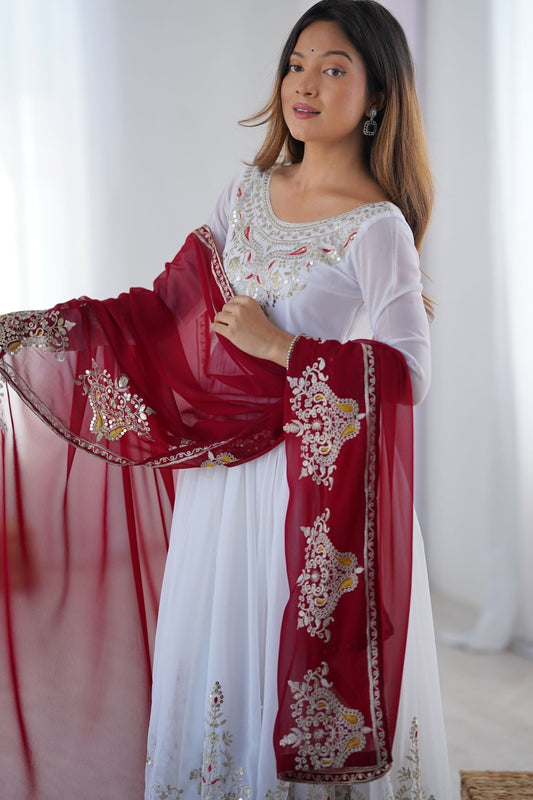 White Anarkali Suit with Heavy Embroidery and Maroon Net Dupatta for Women - Mangaldeep NX