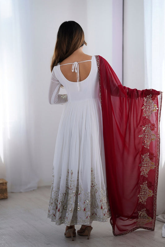 White Anarkali Suit with Heavy Embroidery and Maroon Net Dupatta for Women - Mangaldeep NX
