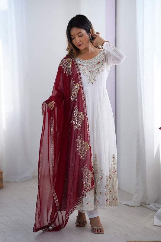 White Anarkali Suit with Heavy Embroidery and Maroon Net Dupatta for Women - Mangaldeep NX