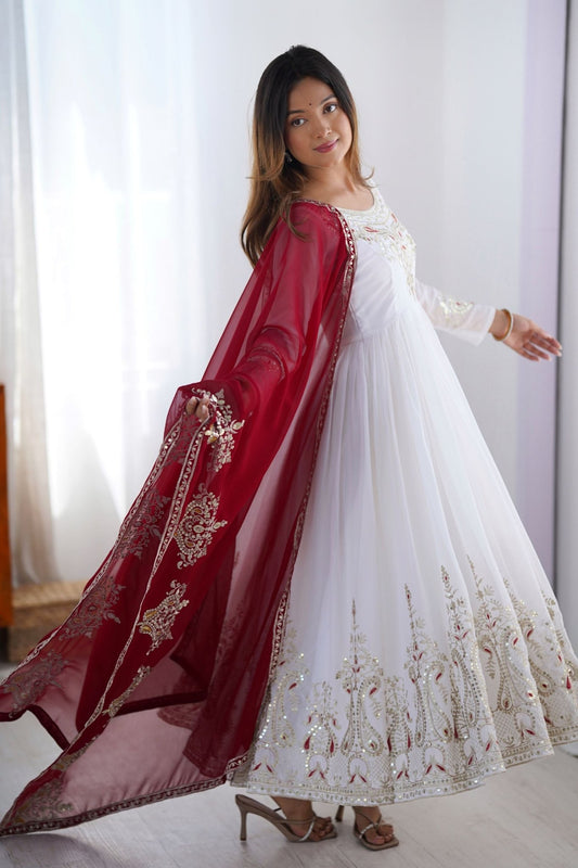 White Anarkali Suit with Heavy Embroidery and Maroon Net Dupatta for Women - Mangaldeep NX