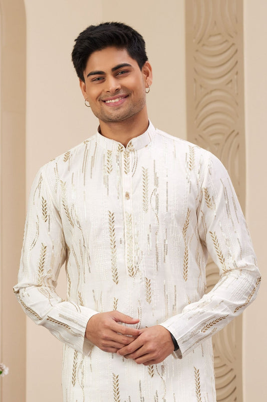 White and Gold Embroidered Kurta Pajama Set for Men - Mangaldeep NX