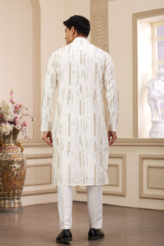 White and Gold Embroidered Kurta Pajama Set for Men - Mangaldeep NX