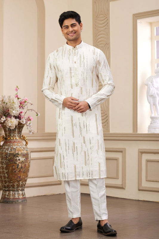 White and Gold Embroidered Kurta Pajama Set for Men - Mangaldeep NX