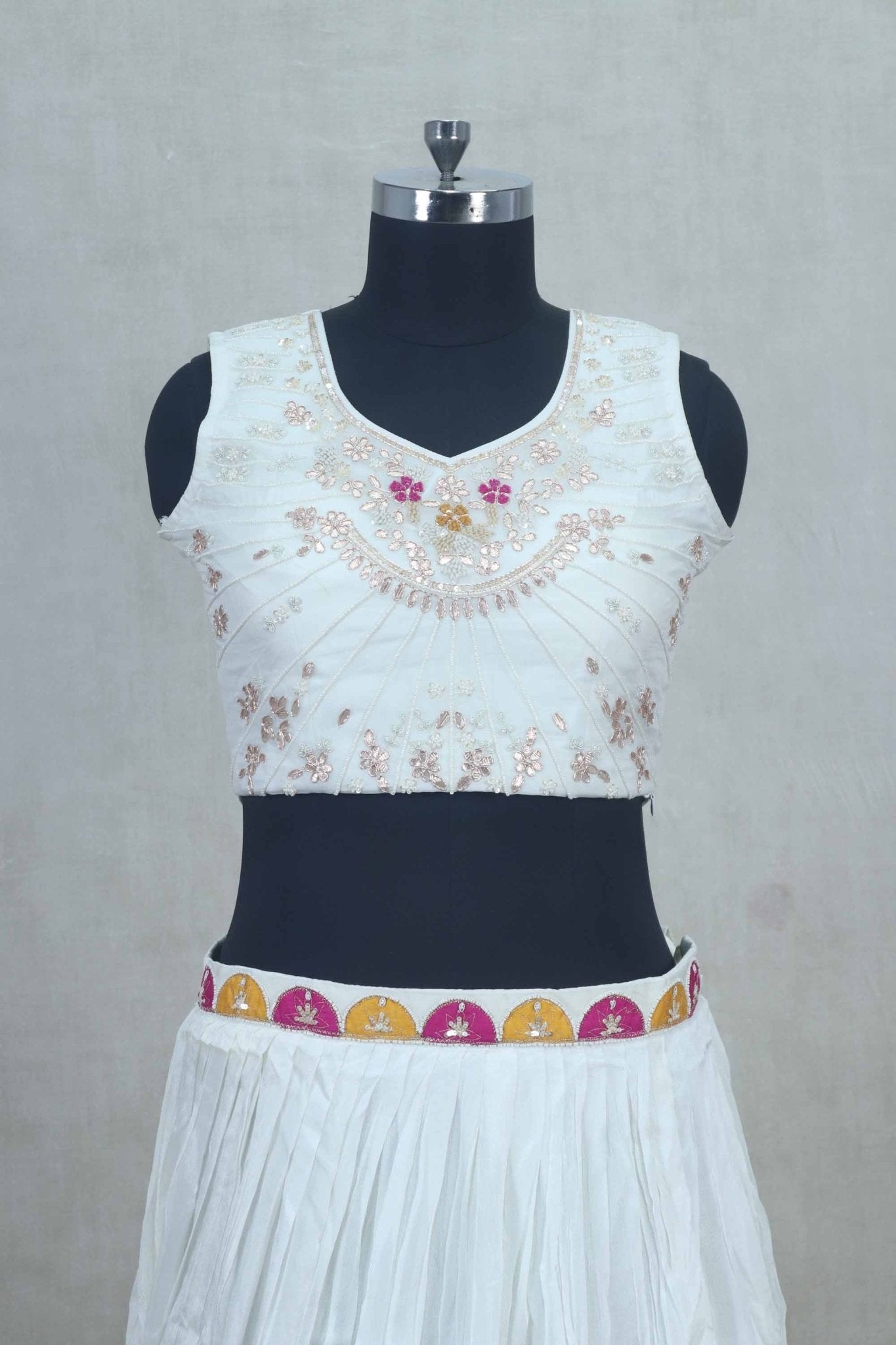 White Embroidered Crop Top Lehenga Set with Sheer Jacket - Mangaldeep NX