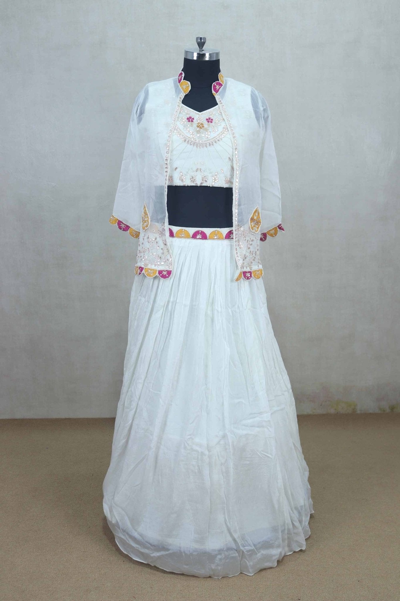 White Embroidered Crop Top Lehenga Set with Sheer Jacket - Mangaldeep NX