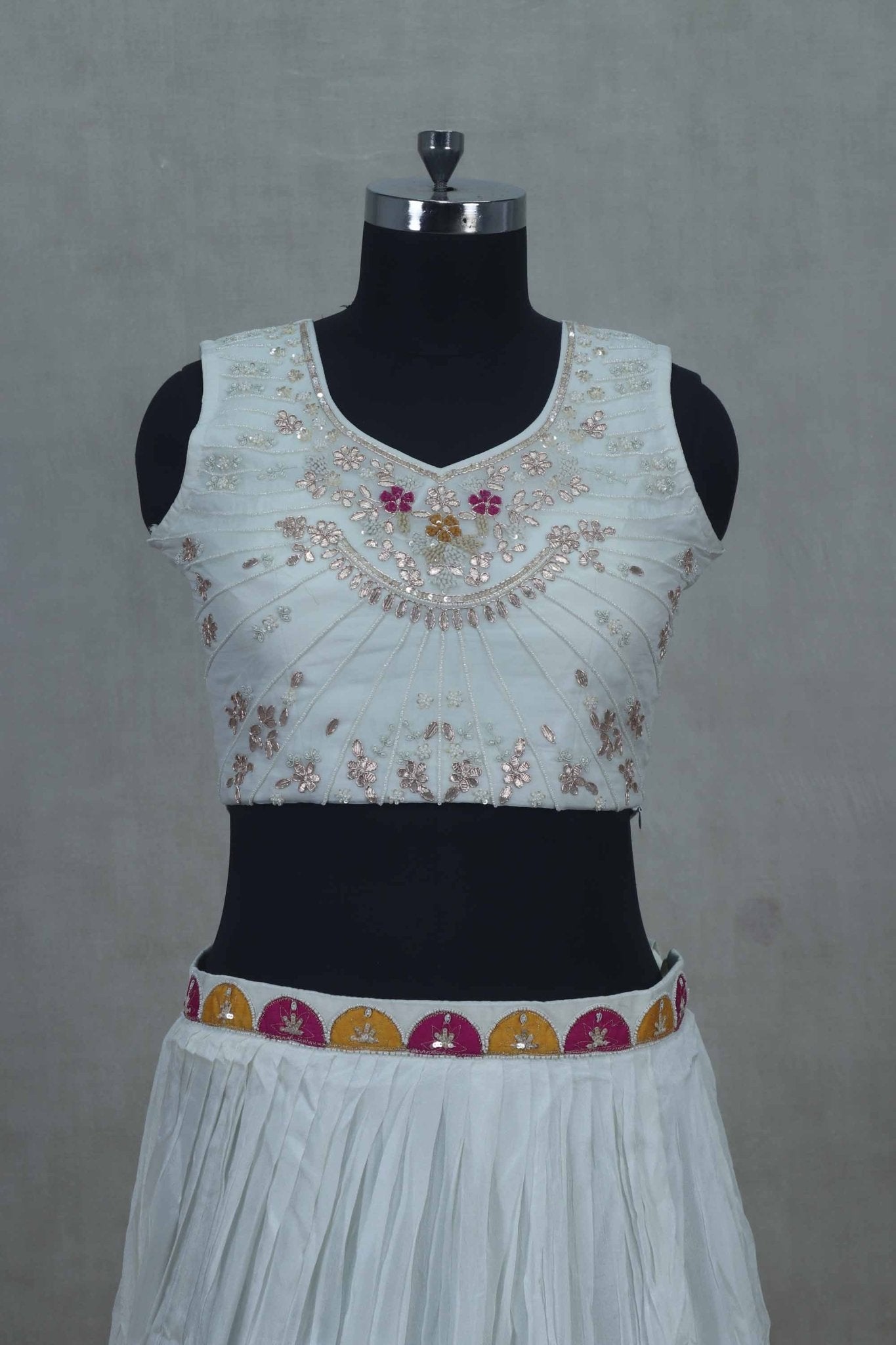 White Embroidered Crop Top Lehenga Set with Sheer Jacket - Mangaldeep NX