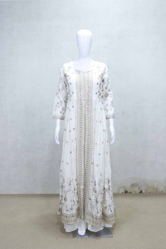 White Floral Embroidered Anarkali Kurta Sharara Set with Dupatta for Festive Wear - Mangaldeep NX