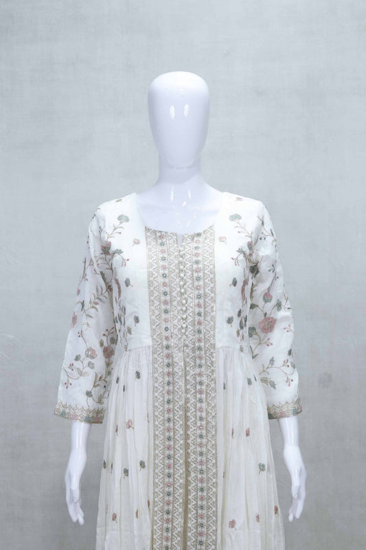 White Floral Embroidered Anarkali Kurta Sharara Set with Dupatta for Festive Wear - Mangaldeep NX