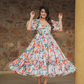 White Floral Printed Cotton Anarkali Dress with Puff Sleeves and Ruffled Hem - Mangaldeep NX
