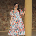 White Floral Printed Cotton Anarkali Dress with Puff Sleeves and Ruffled Hem - Mangaldeep NX