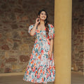 White Floral Printed Cotton Anarkali Dress with Puff Sleeves and Ruffled Hem - Mangaldeep NX