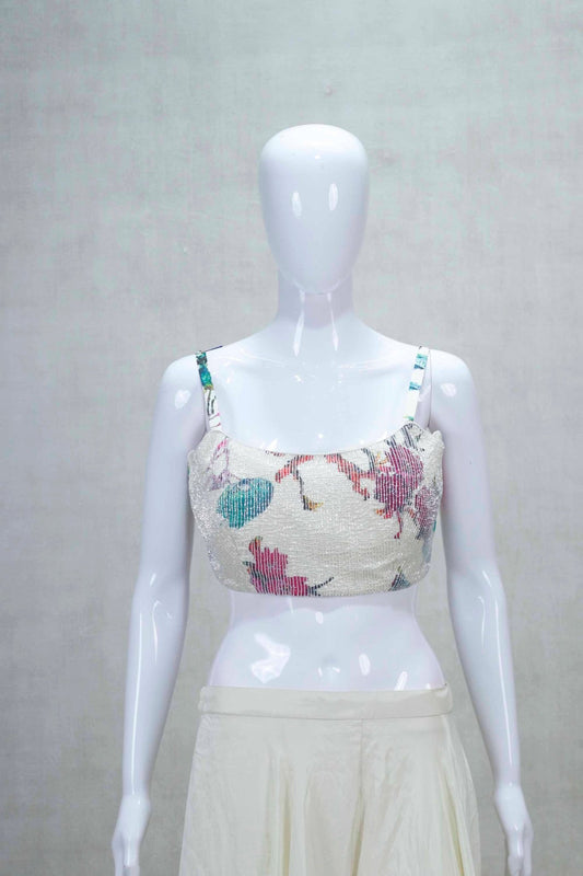 White Floral Printed Long Jacket Set with Crop Top and Skirt - Mangaldeep NX