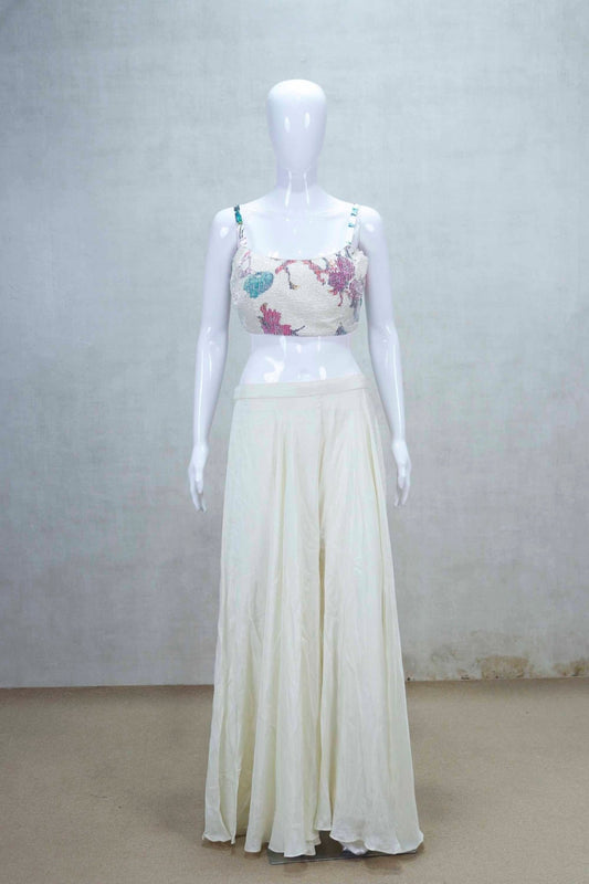 White Floral Printed Long Jacket Set with Crop Top and Skirt - Mangaldeep NX