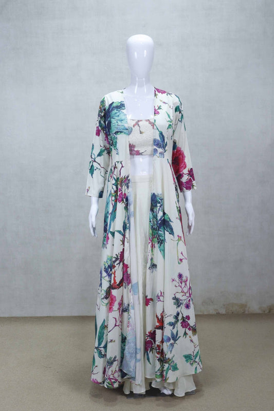White Floral Printed Long Jacket Set with Crop Top and Skirt - Mangaldeep NX