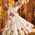 White Mirror Embroidered Navratri Lehenga Choli Set with Golden Striped Border - Mangaldeep NX