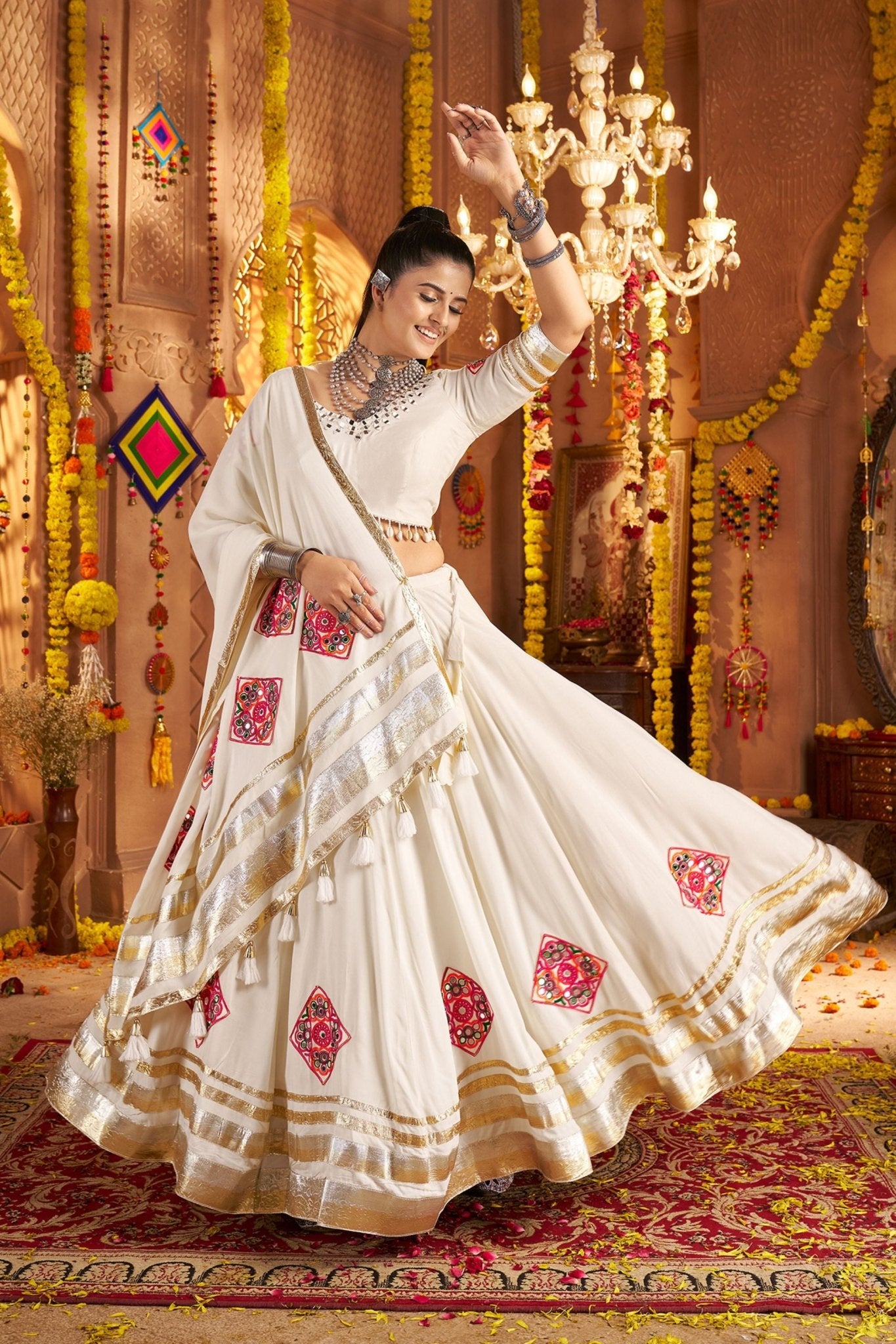 White Mirror Embroidered Navratri Lehenga Choli Set with Golden Striped Border - Mangaldeep NX