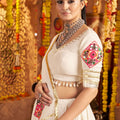 White Mirror Embroidered Navratri Lehenga Choli Set with Golden Striped Border - Mangaldeep NX