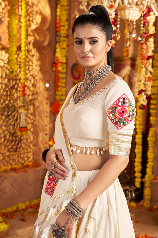 White Mirror Embroidered Navratri Lehenga Choli Set with Golden Striped Border - Mangaldeep NX