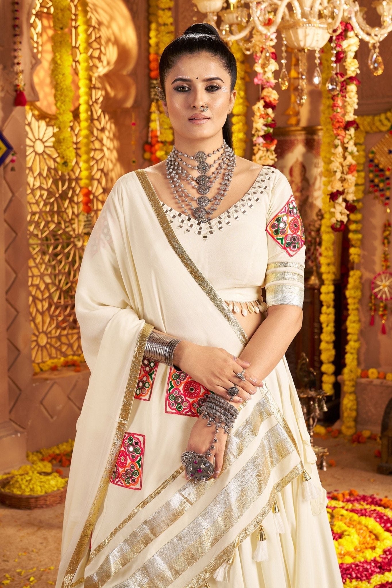 White Mirror Embroidered Navratri Lehenga Choli Set with Golden Striped Border - Mangaldeep NX