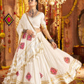 White Mirror Embroidered Navratri Lehenga Choli Set with Golden Striped Border - Mangaldeep NX