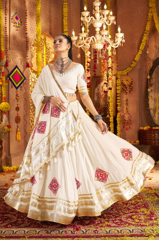 White Mirror Embroidered Navratri Lehenga Choli Set with Golden Striped Border - Mangaldeep NX