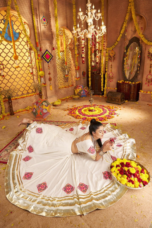 White Mirror Embroidered Navratri Lehenga Choli Set with Golden Striped Border - Mangaldeep NX