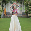 White Mirror Work Embroidered Lehenga Choli Set with Multicolor Threadwork Jacket - Mangaldeep NX