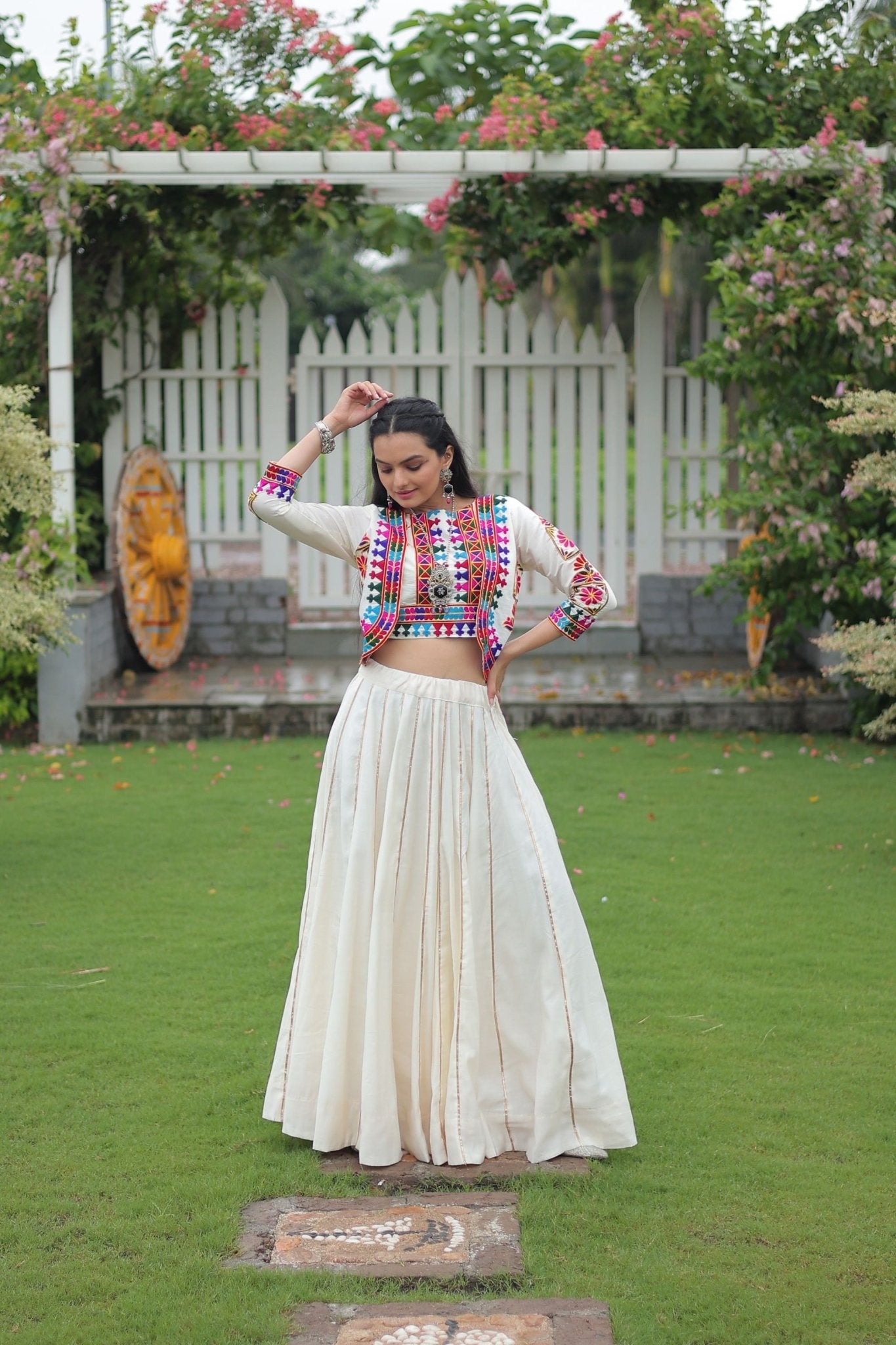 White Mirror Work Embroidered Lehenga Choli Set with Multicolor Threadwork Jacket - Mangaldeep NX