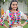 White Mirror Work Embroidered Lehenga Choli Set with Multicolor Threadwork Jacket - Mangaldeep NX