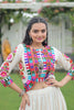 White Mirror Work Embroidered Lehenga Choli Set with Multicolor Threadwork Jacket - Mangaldeep NX