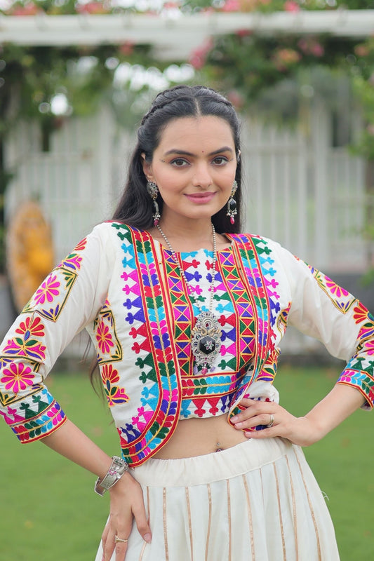 White Mirror Work Embroidered Lehenga Choli Set with Multicolor Threadwork Jacket - Mangaldeep NX
