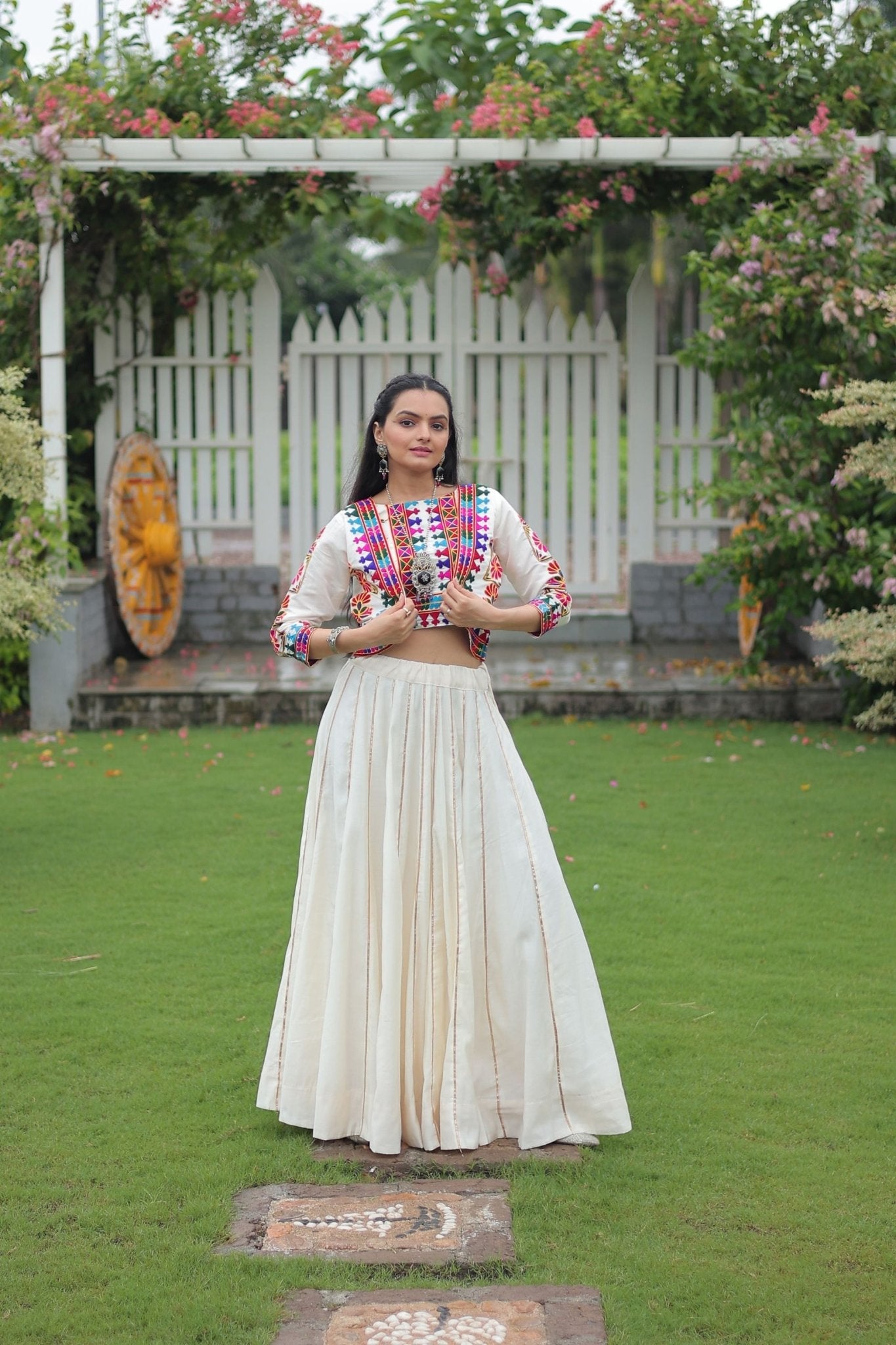 White Mirror Work Embroidered Lehenga Choli Set with Multicolor Threadwork Jacket - Mangaldeep NX