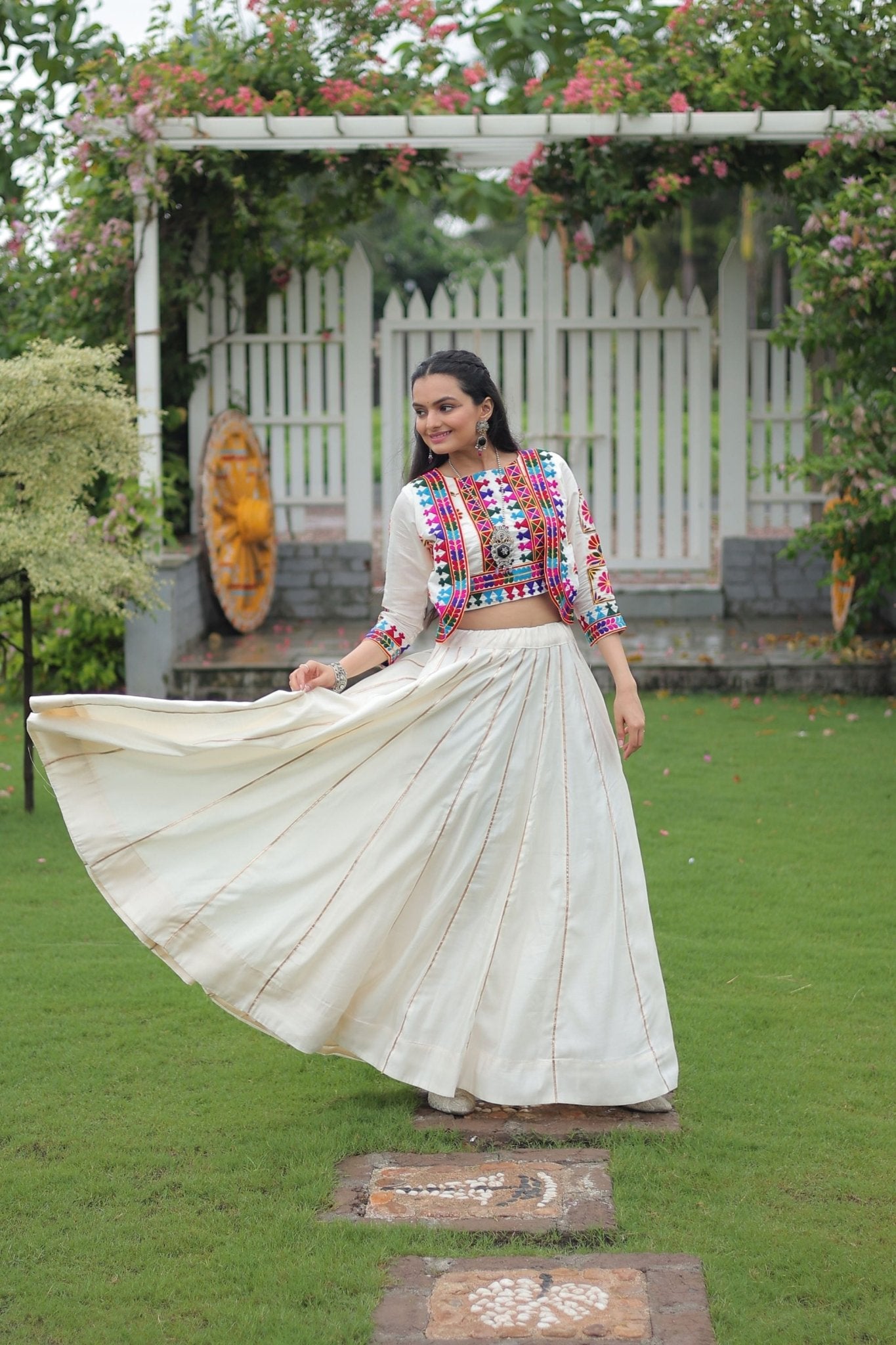 White Mirror Work Embroidered Lehenga Choli Set with Multicolor Threadwork Jacket - Mangaldeep NX