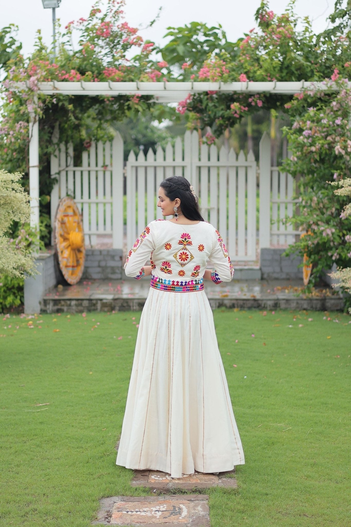 White Mirror Work Embroidered Lehenga Choli Set with Multicolor Threadwork Jacket - Mangaldeep NX