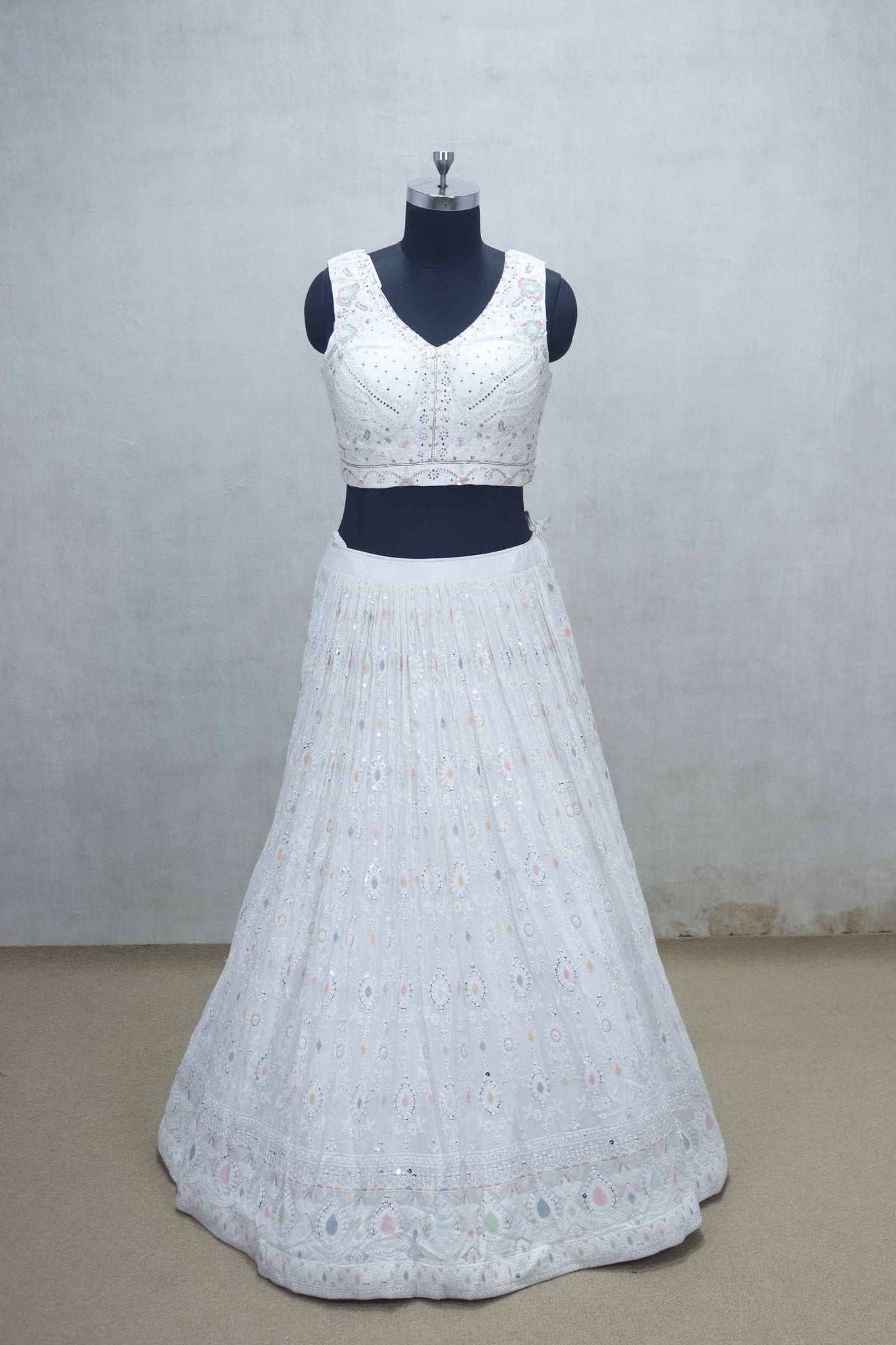 White Mirror Work Embroidered Lehenga Choli with Pastel Thread Details and Mint Net Dupatta - Mangaldeep NX