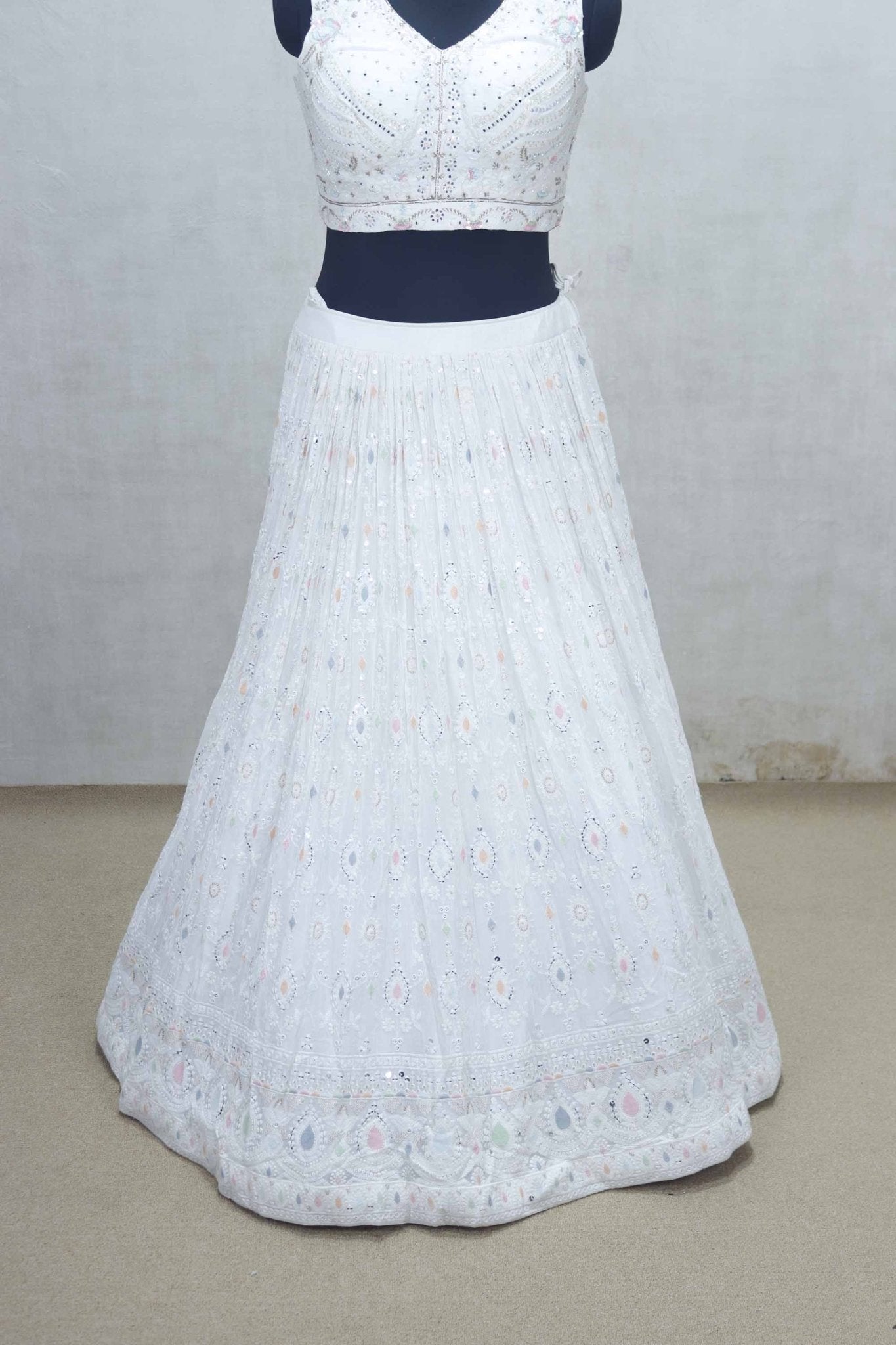 White Mirror Work Embroidered Lehenga Choli with Pastel Thread Details and Mint Net Dupatta - Mangaldeep NX