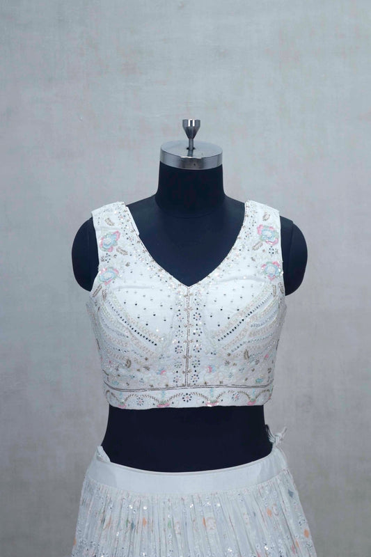 White Mirror Work Embroidered Lehenga Choli with Pastel Thread Details and Mint Net Dupatta - Mangaldeep NX