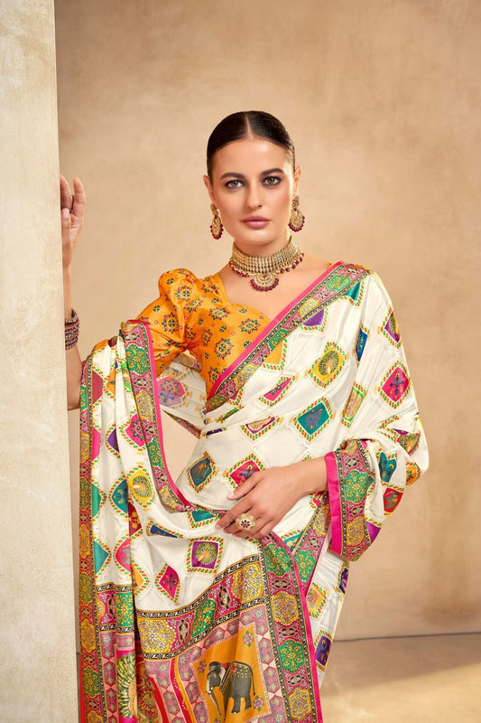 White Multicolor Crepe Silk Saree with Traditional Animal Motifs - Mangaldeep NX