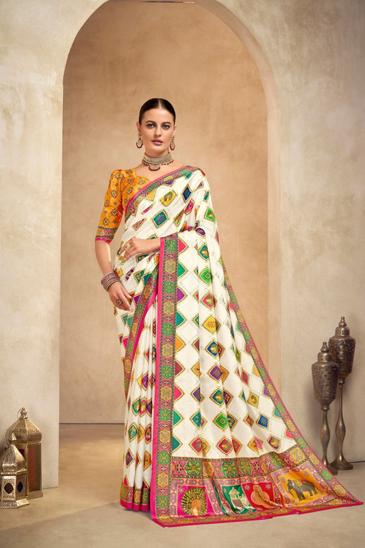 White Multicolor Crepe Silk Saree with Traditional Animal Motifs - Mangaldeep NX