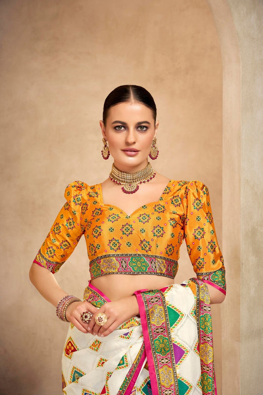 White Multicolor Crepe Silk Saree with Traditional Animal Motifs - Mangaldeep NX