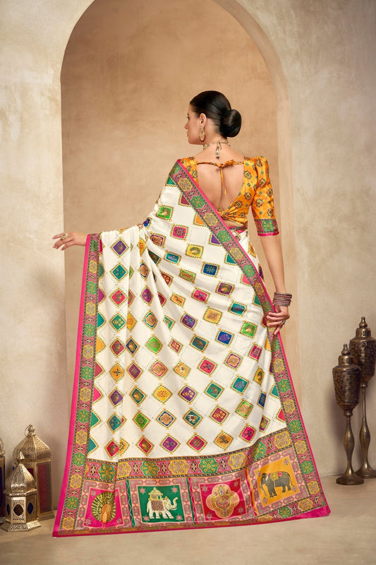 White Multicolor Crepe Silk Saree with Traditional Animal Motifs - Mangaldeep NX